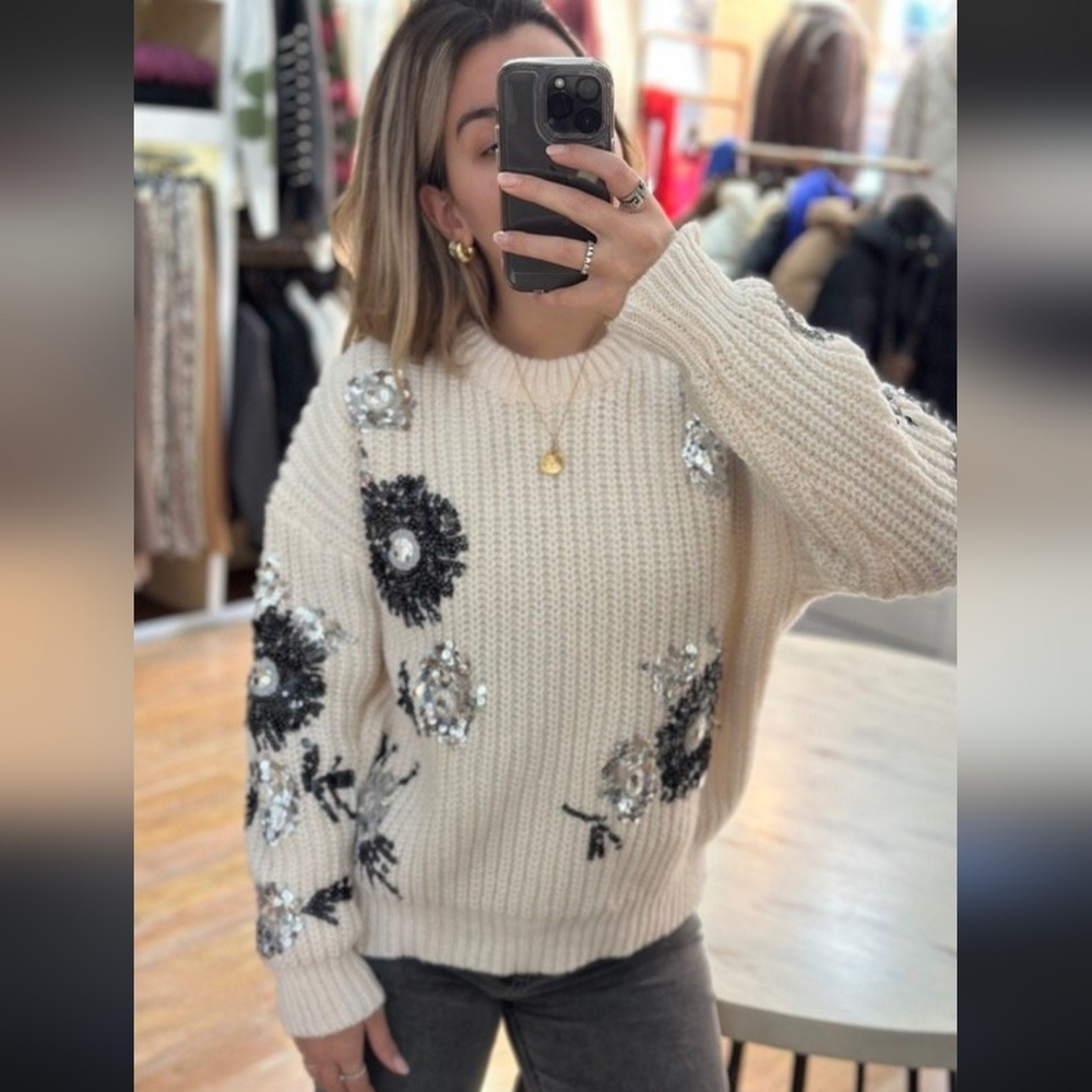 Nwot Mod X Creme Longsleeve Ribbed Mock Turtleneck Silver/Black Sequined Sweater
